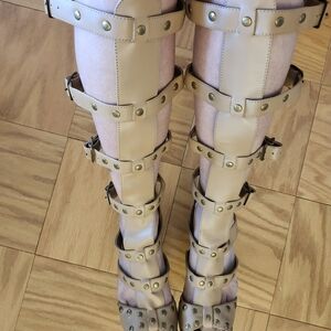 Studded Knee-High Gladiator Heels in Beige